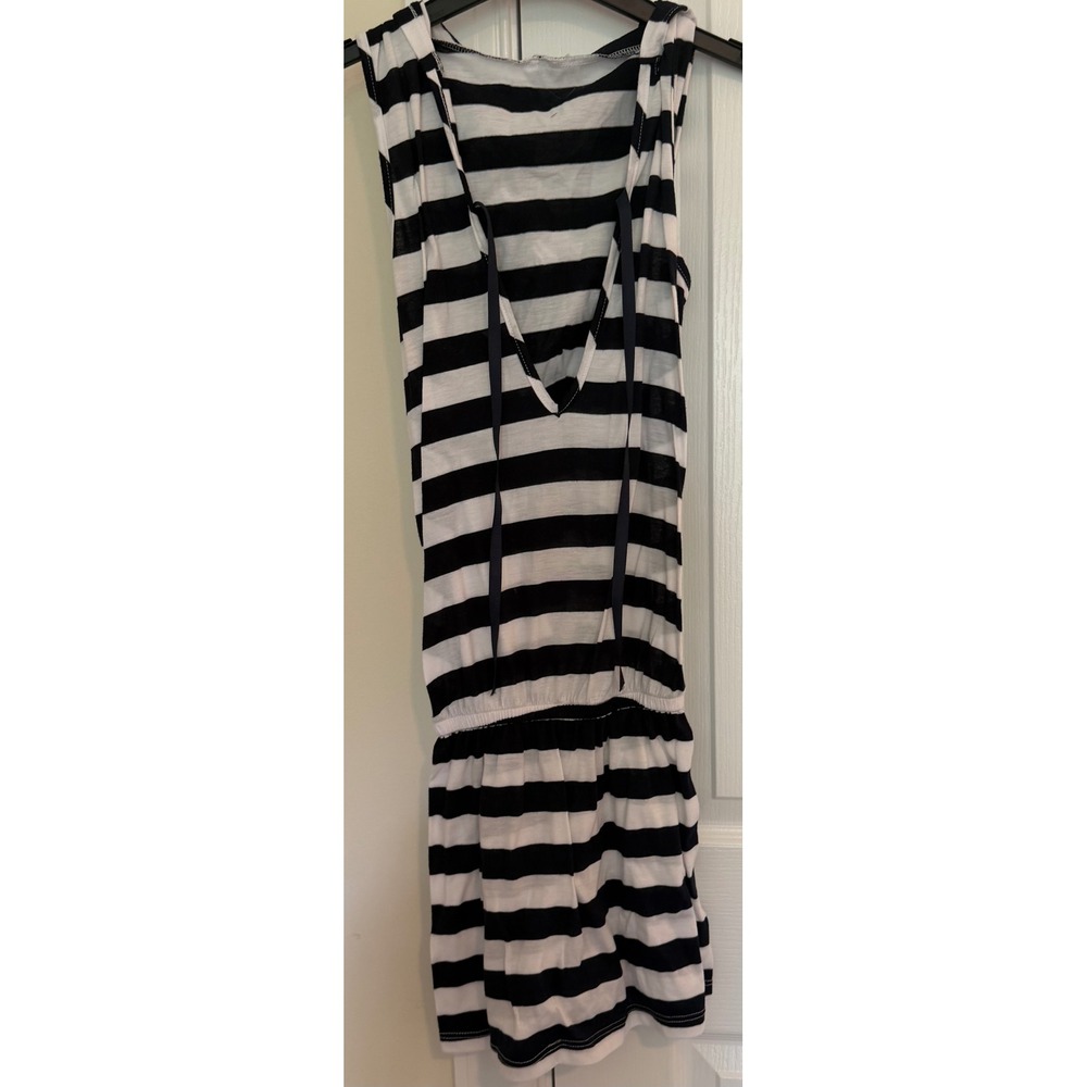 Women Sleeveless Striped Hooded Romper Navy White Elastic Waist Size S USA Made